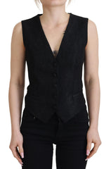 Women's Black Brocade Button Down Sleeveless Vest Top Virgin Wool Silk Elastane