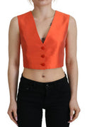 Women's Orange Sleeveless Waistcoat Cropped Vest Top Silk Elastane