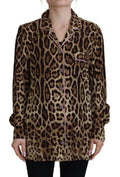 Women's Brown Leopard Print Long Sleeves Blouse Top Silk