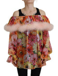 Women's Multicolor Floral Fur Shearling Blouse Top Silk