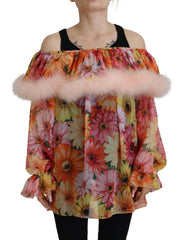Women's Multicolor Floral Fur Shearling Blouse Top Silk