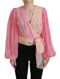 Women's Pink Silk Wrap Long Sleeves Blouse Top