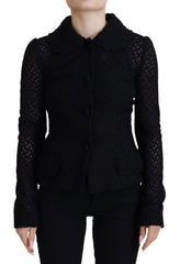 Women's Black Wool Knitted Button Down Collar Jacket Virgin Clothing