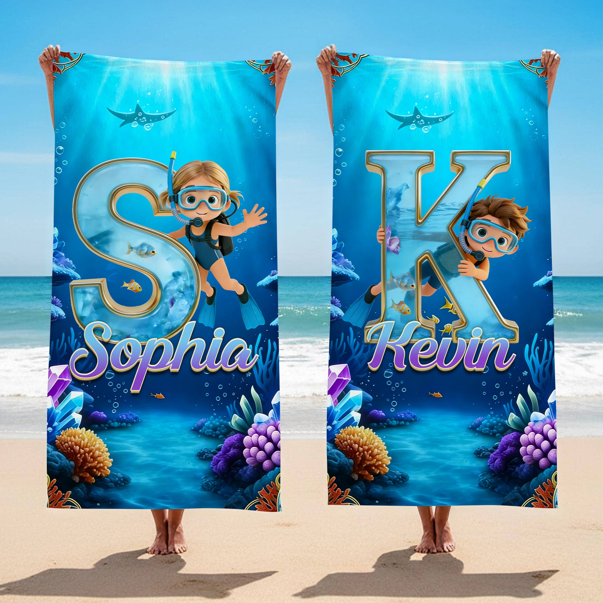 Toalla de playa de gran tamaño, de secado rápido y suave, personalizada con el nombre de un personaje de dibujos animados buceando.