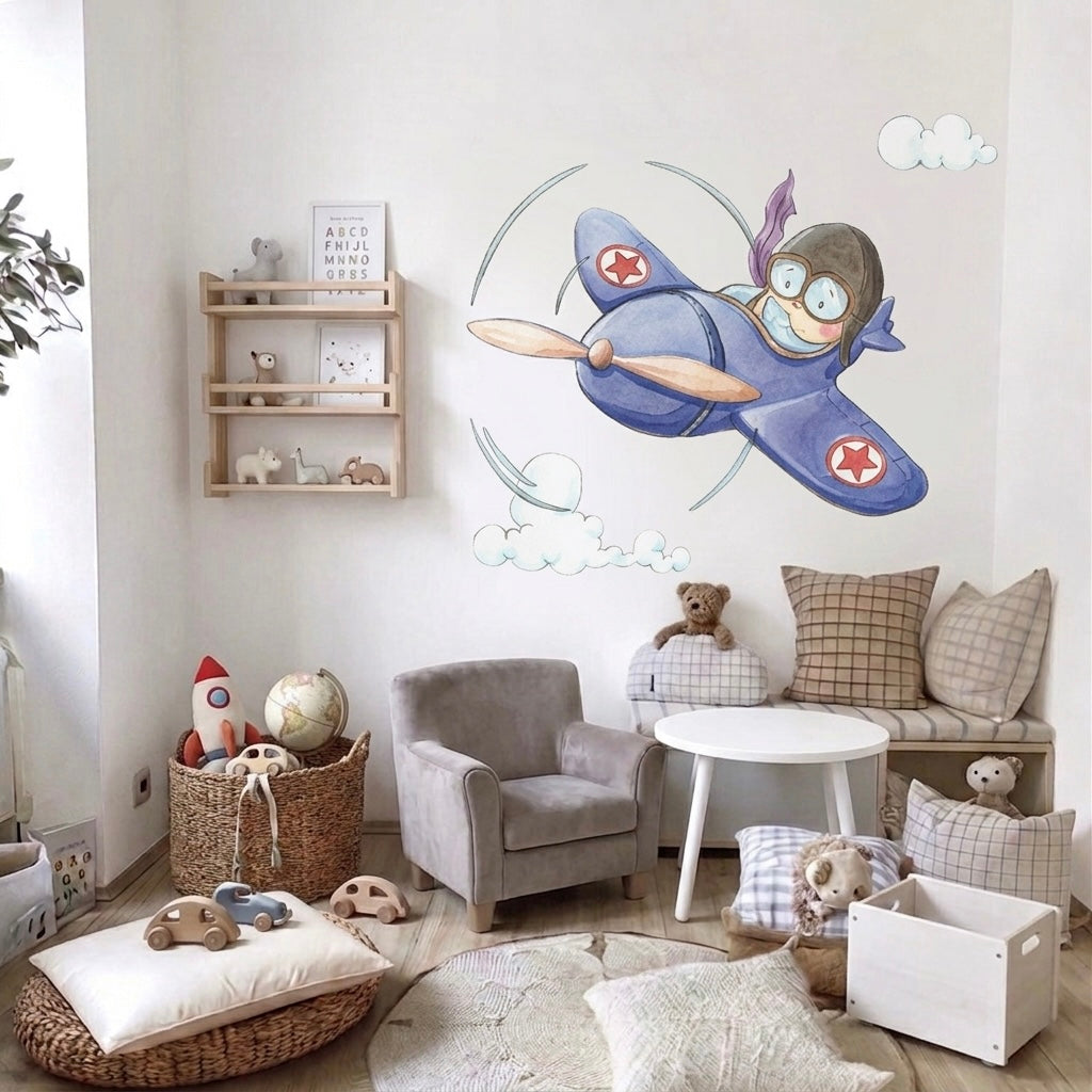 Vinilo Decorativo Infantil Avión NIKKO EL AVIADOR - Adhesivos Infantiles para Sueños de Cigüeña