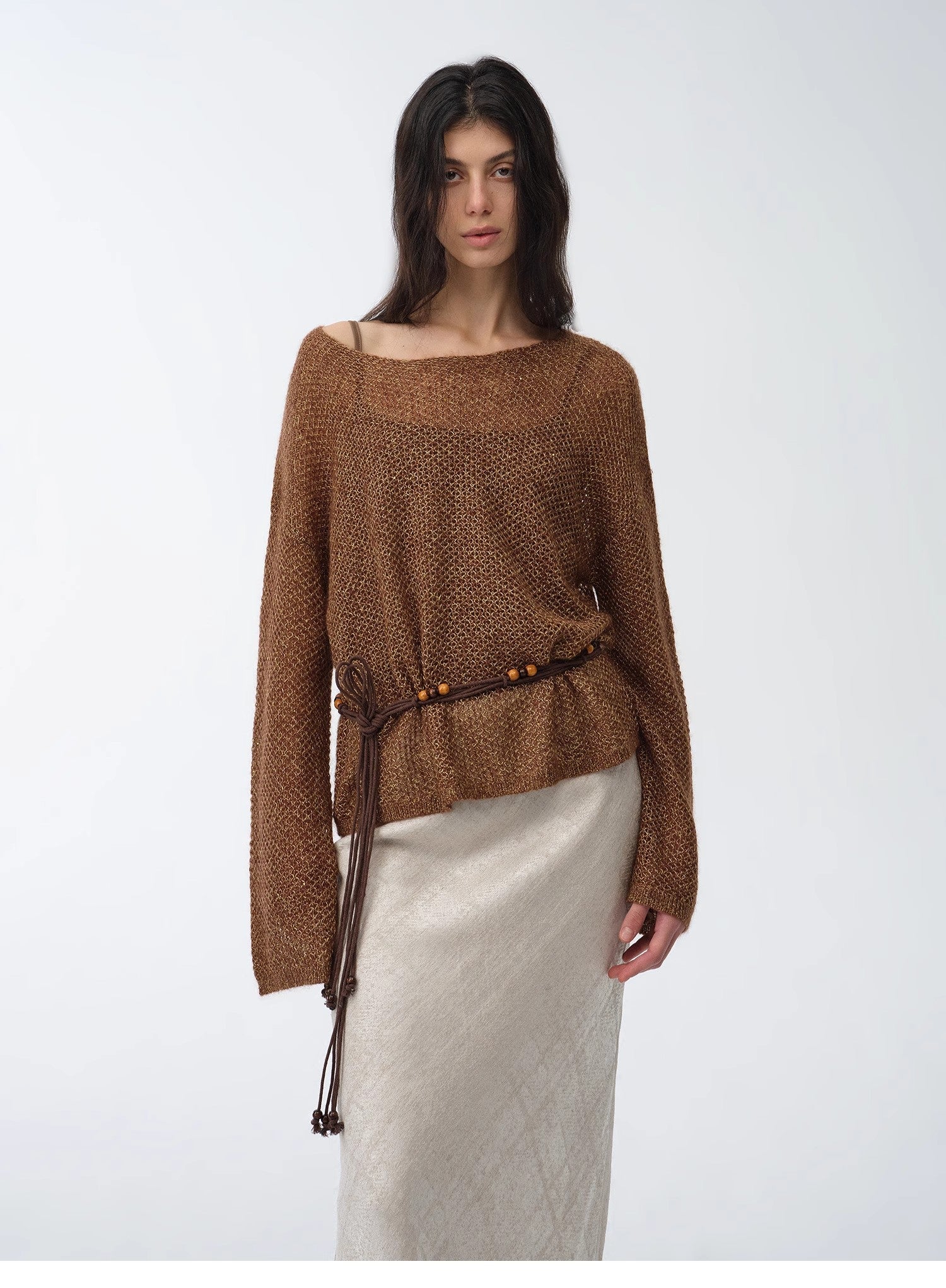 Sparkling Spring Mohair Blended Fancy Yarn Boat Neck Sequin Hollow Sweater Top