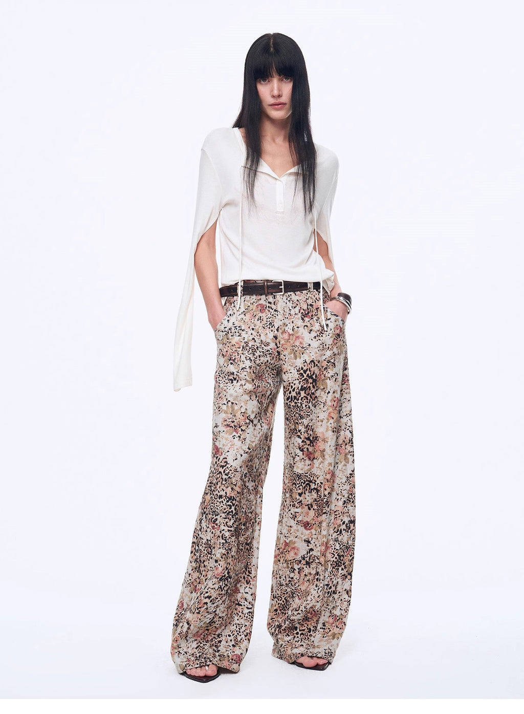 Slow Paris Vintage Print Linen Blend Cut Scimitar Wide Leg Casual Pants