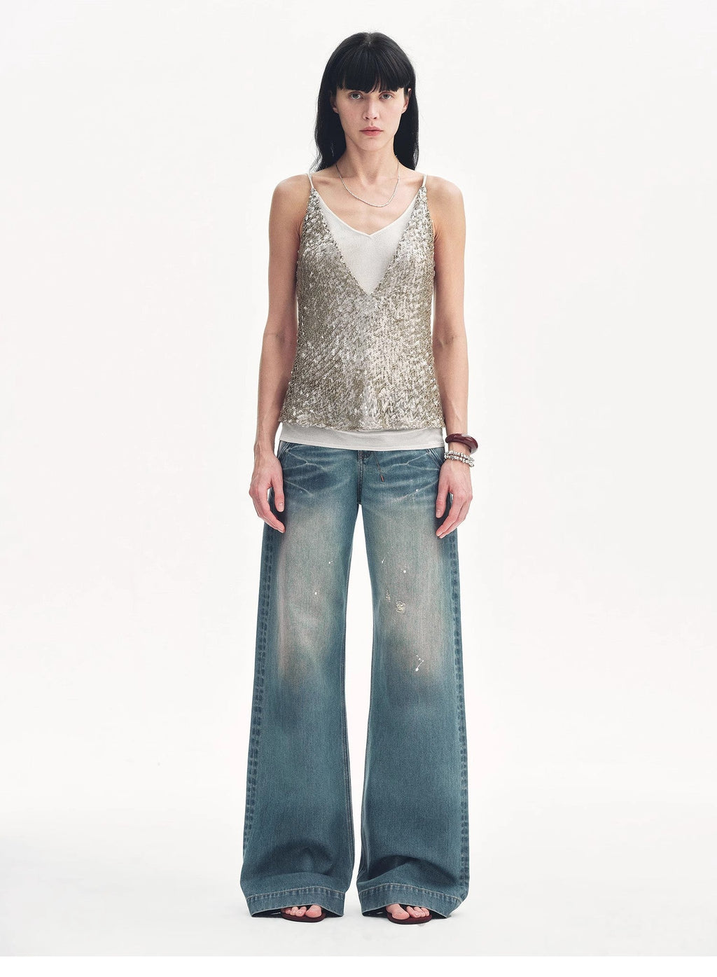Dream Catcher Sequined Net Pattern Fake Two-Piece Deep V Waist Suspender Summer