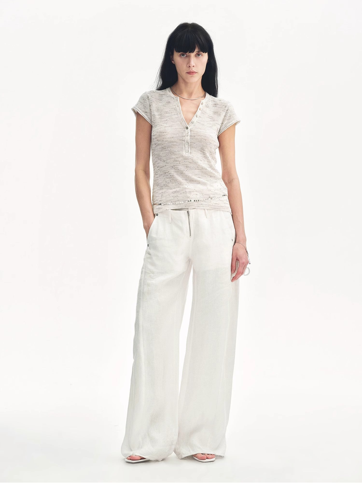 Minimalist Light Gap Cotton and Linen Blend Sequined Henley Neck Short Sleeve T-Shirt