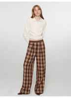 Patchwork Street Corner Dyed Retro Plaid Casual Pants for Women, Elastic Waist, Straight-Leg, Wide-Leg Long Trousers