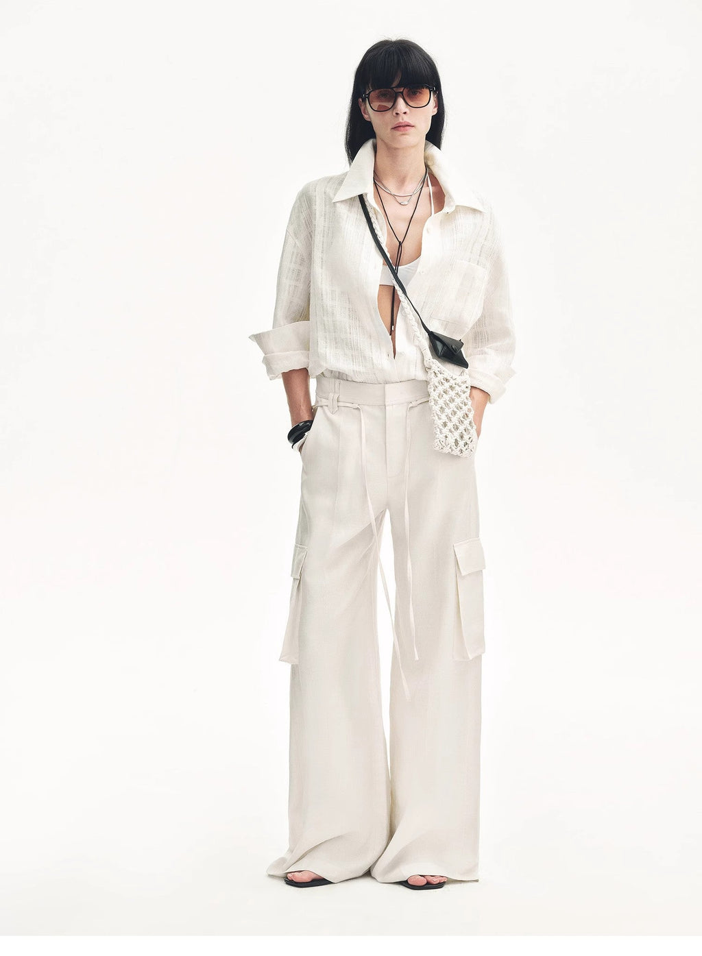 Rhythm in the Same Frequency Tencel linen workwear style wide-leg casual pants