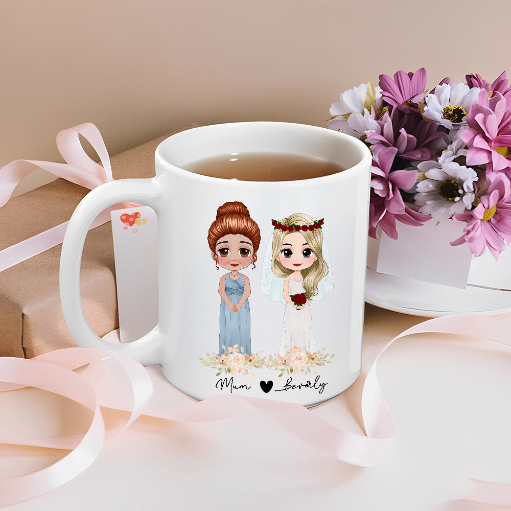 Madre personalizada de la novia de dibujos animados personajes 11 oz taza de cerámica con el nombre y la fecha de la boda Regalo de despedida de soltera para la novia mamá