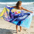 Toalla de playa personalizada con nombre en forma de ballena de acuarela, de secado rápido, para niñas, mujeres y niños.