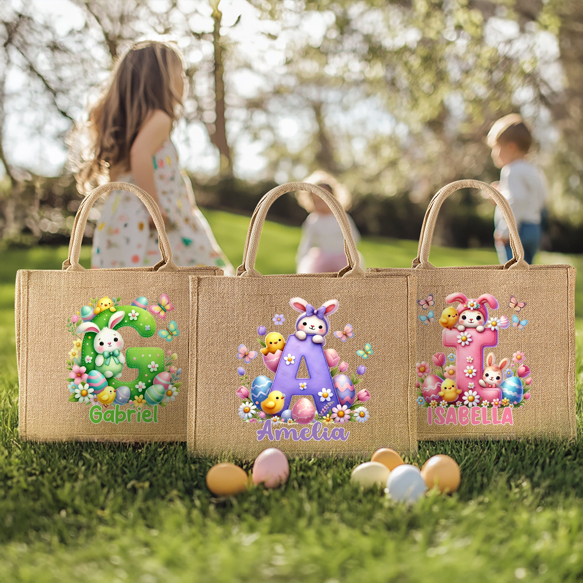 Huevos de Pascua personalizados Conejito inicial Bolsa de yute con nombre Fiesta de caza del huevo Regalo de Pascua para niños Niñas