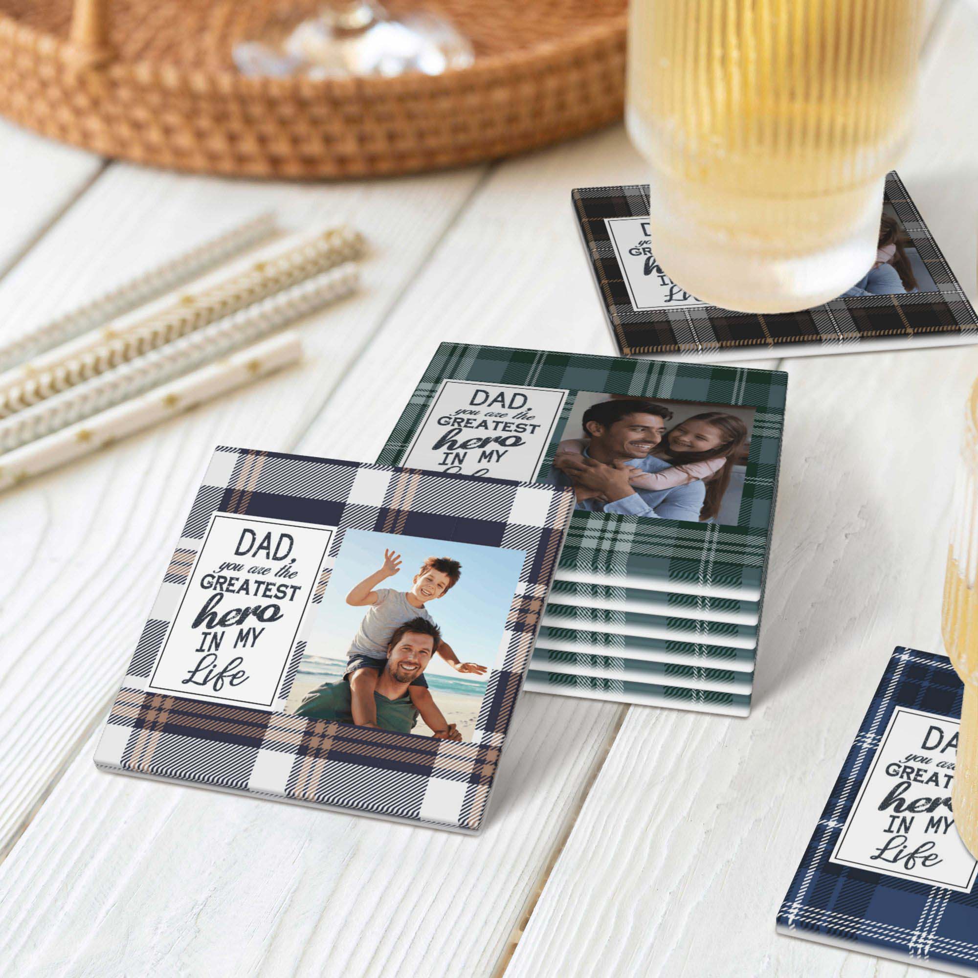 Posavasos de cerámica con foto personalizado You Are the Greatest Hero Buffalo Plaid Design Birthday Father's Day Christmas Gift for Dad
