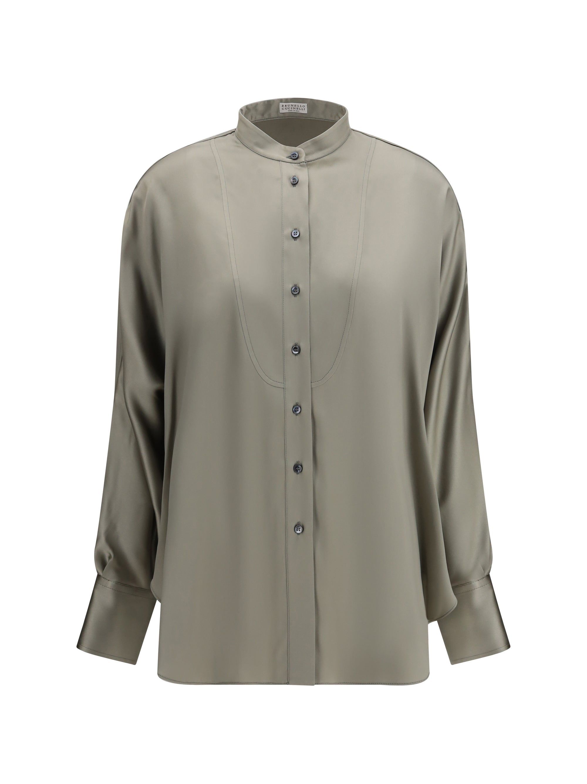 Brunello Cucinelli Monili-Trimmed Silk Shirt — Green