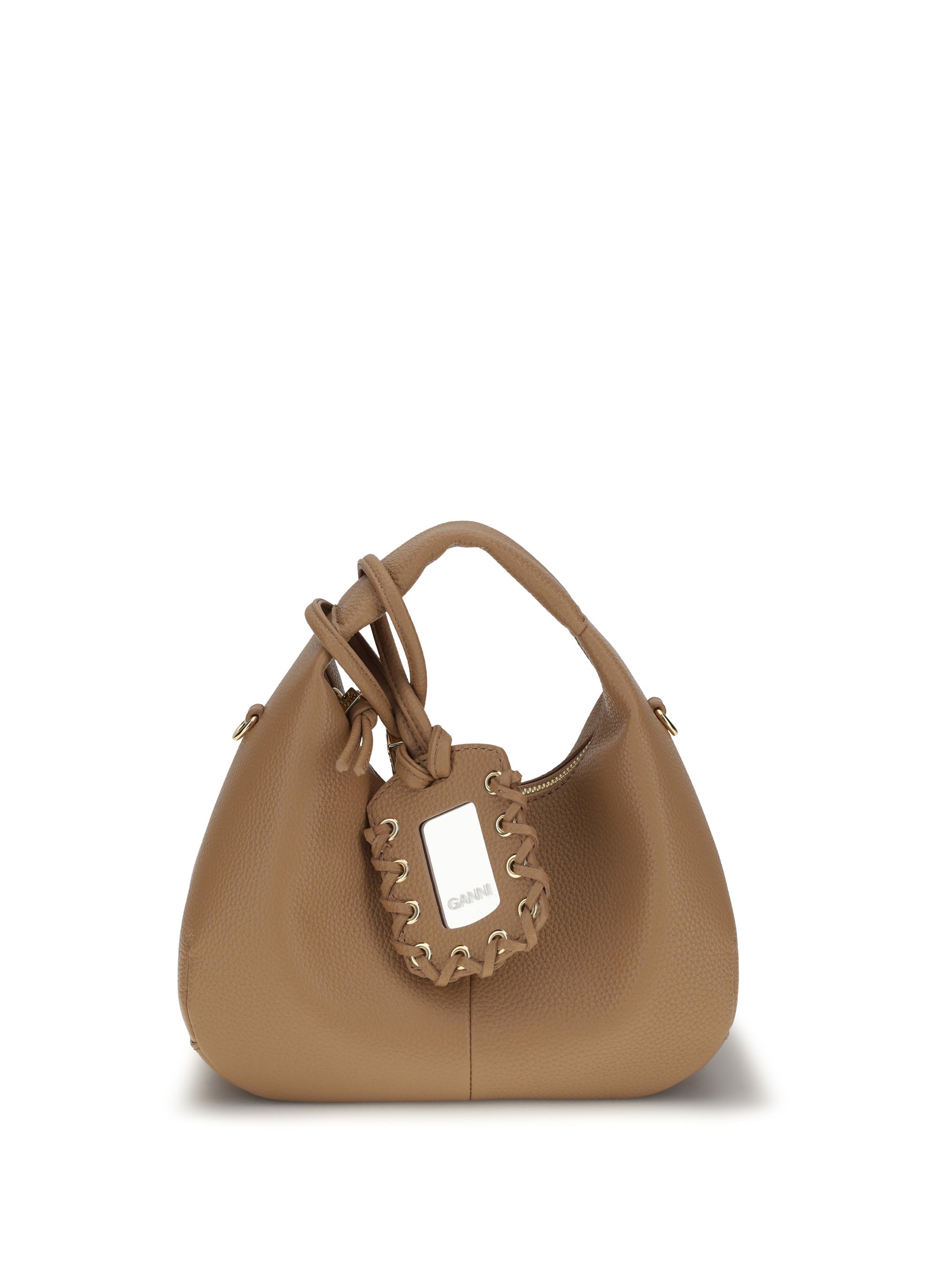 Ganni Grained Leather with Butterfly Logo Hobo Bag — Beige