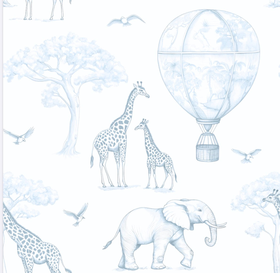 Papel pintado infantil Jirafas y globos azul empolvado