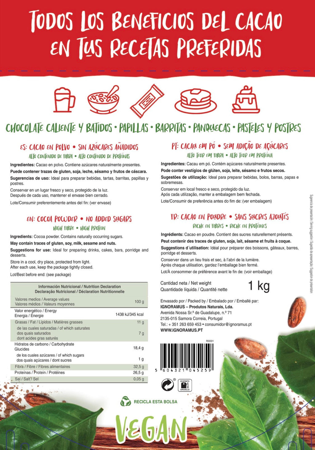 Cacao en Polvo 100% Natural - 1Kg - Cem Porcento