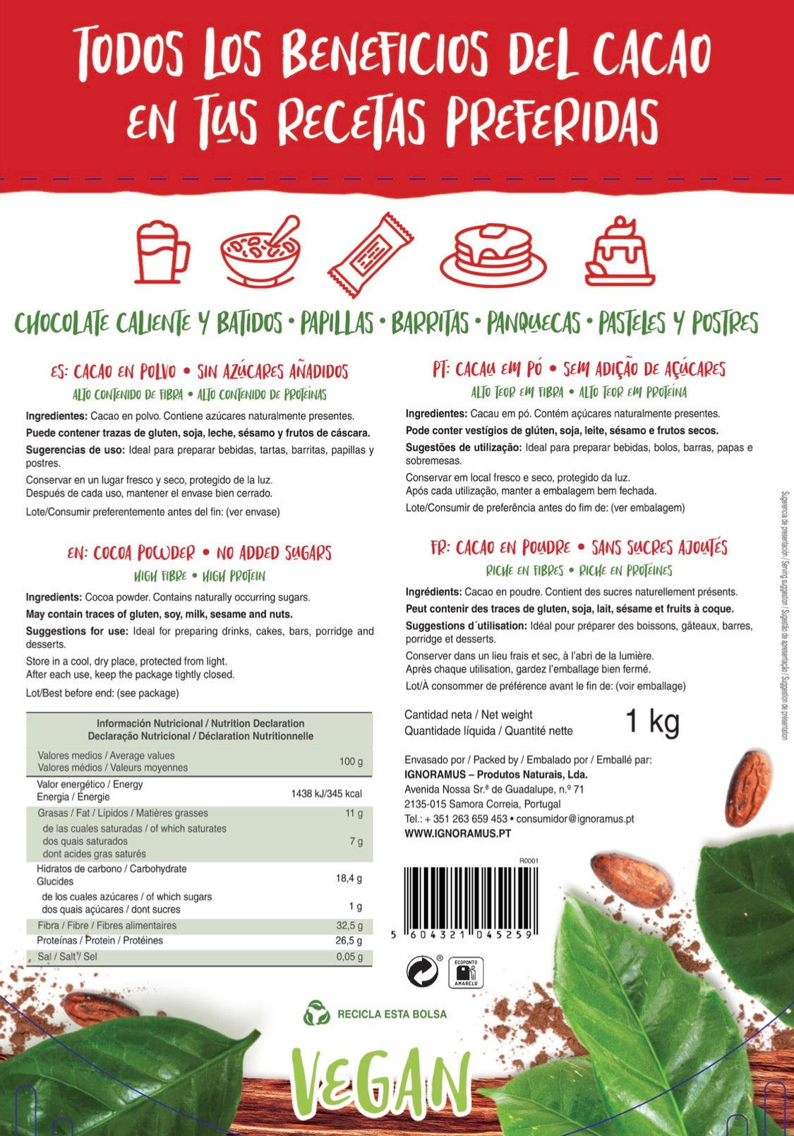 Cacao en Polvo 100% Natural - 1Kg - Cem Porcento