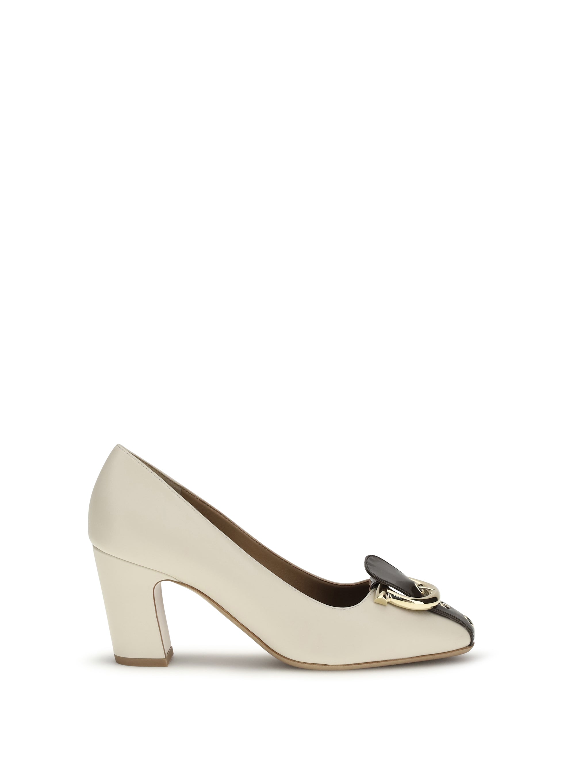 Ferragamo Gancini-Charm Block Heel Pump — Beige