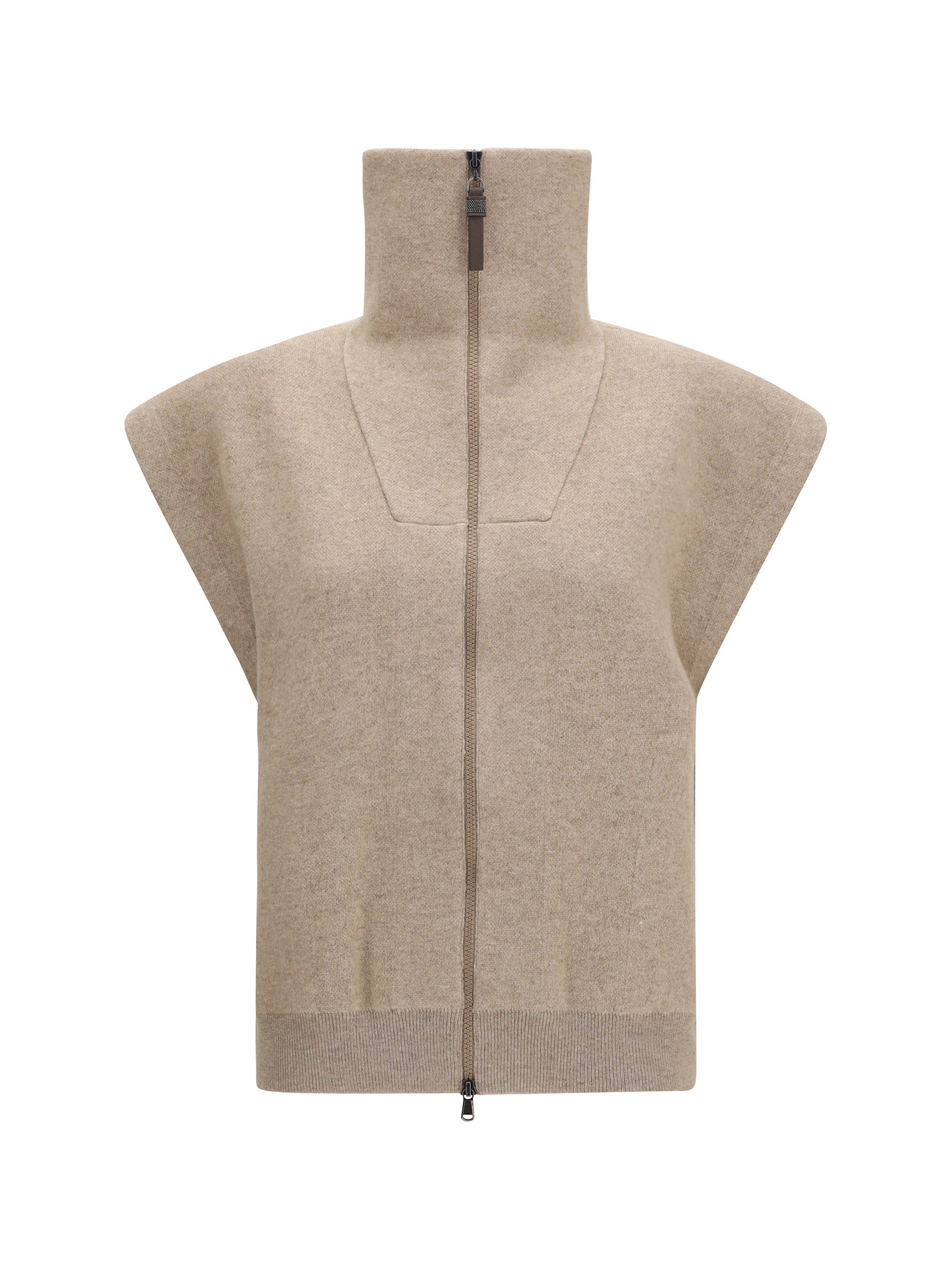 Brunello Cucinelli Cashmere High-Neck Zip Cardigan — Beige