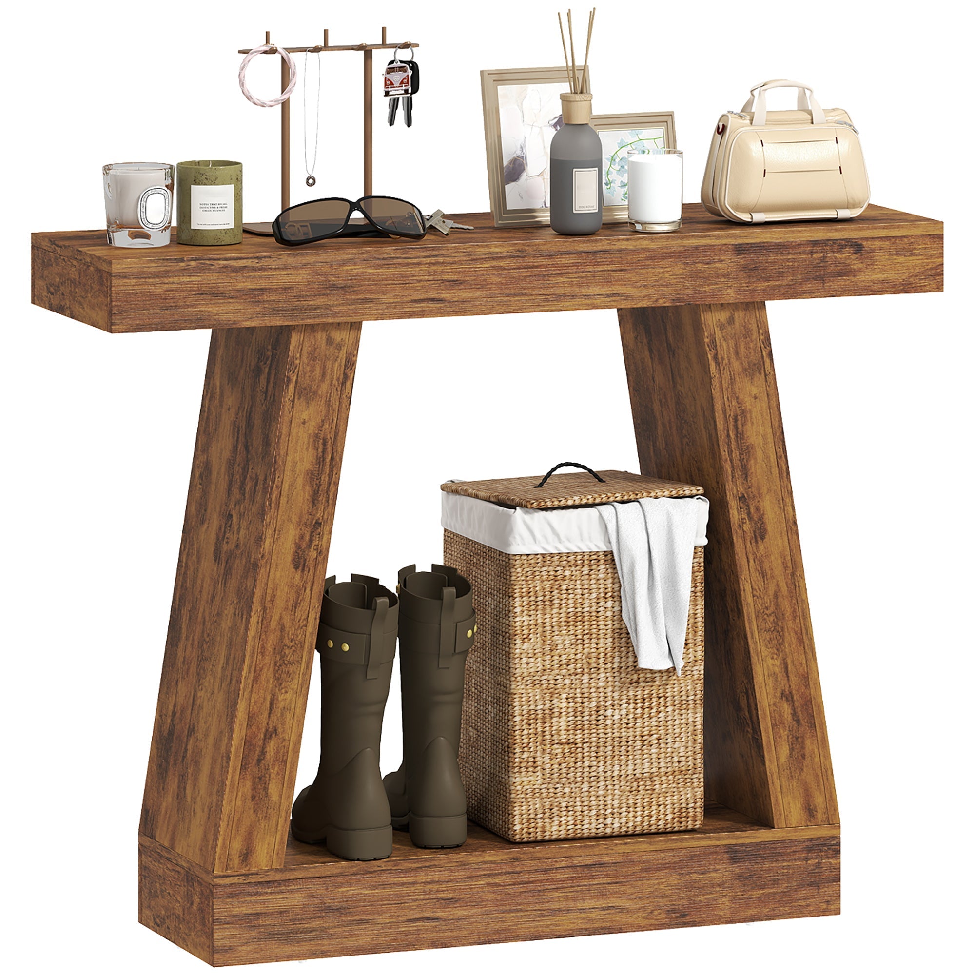 42" Farmhouse Console Table, 2-Tier Storage with Thick Top, Dark Brown