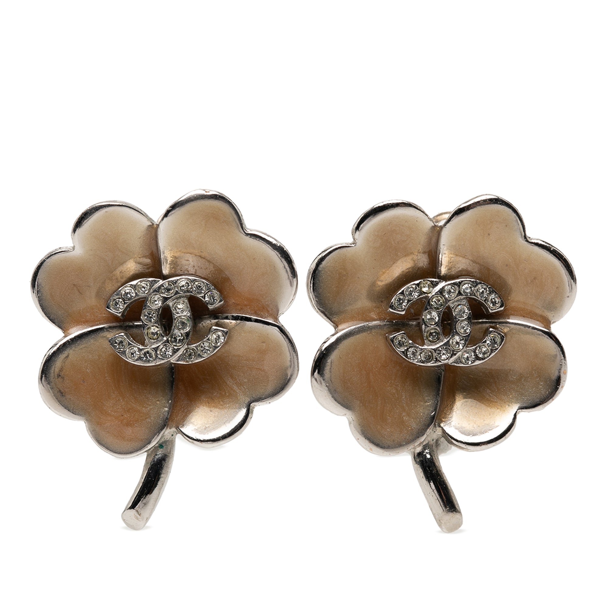 CC Brass Enamel and Strass Clover Clip On Earrings