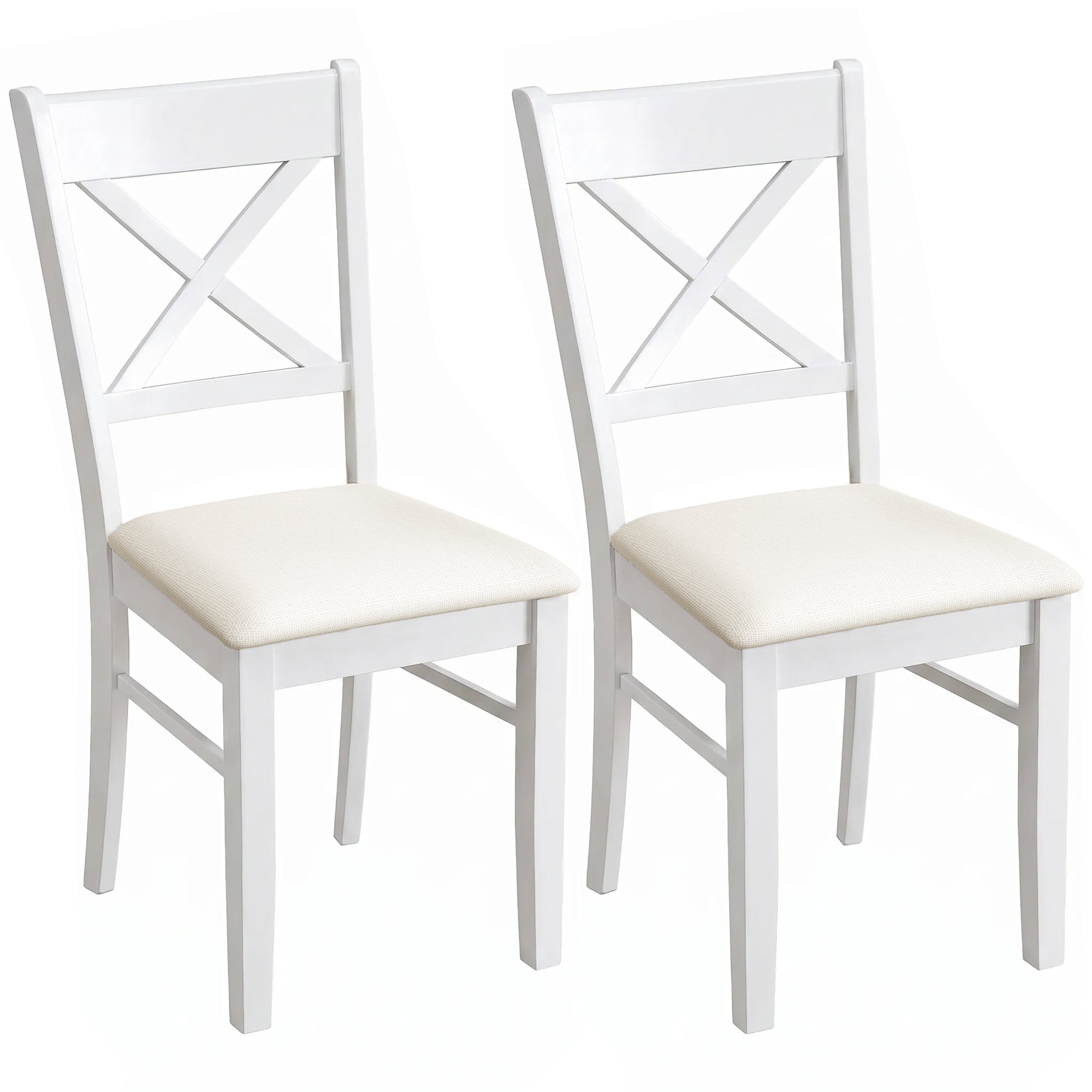 2 Upholstered Dining Chairs with Rubberwood Frame, Padded Seat, X-Back, White