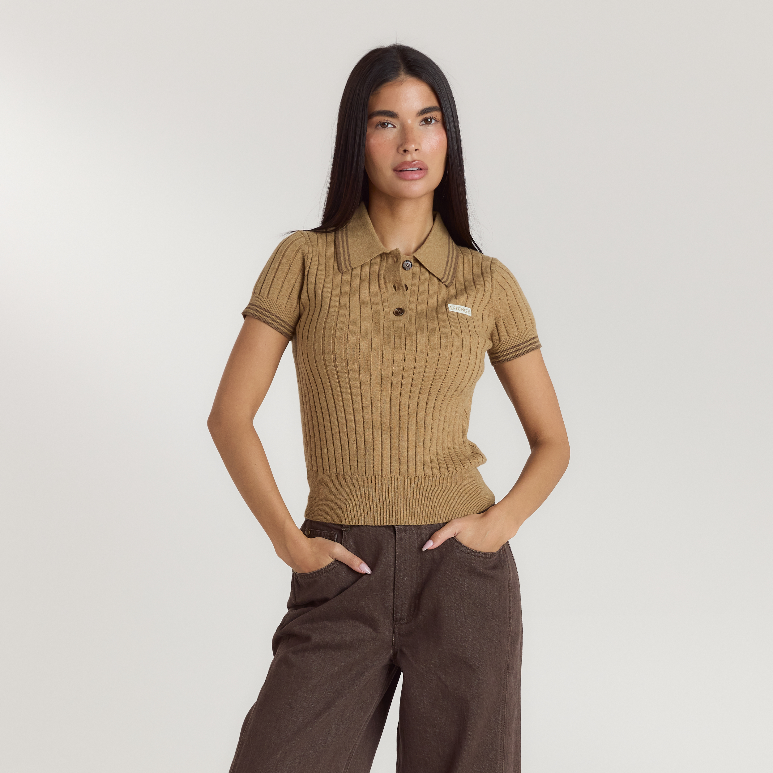 Lounge Underwear Knitted Polo Top - Tan