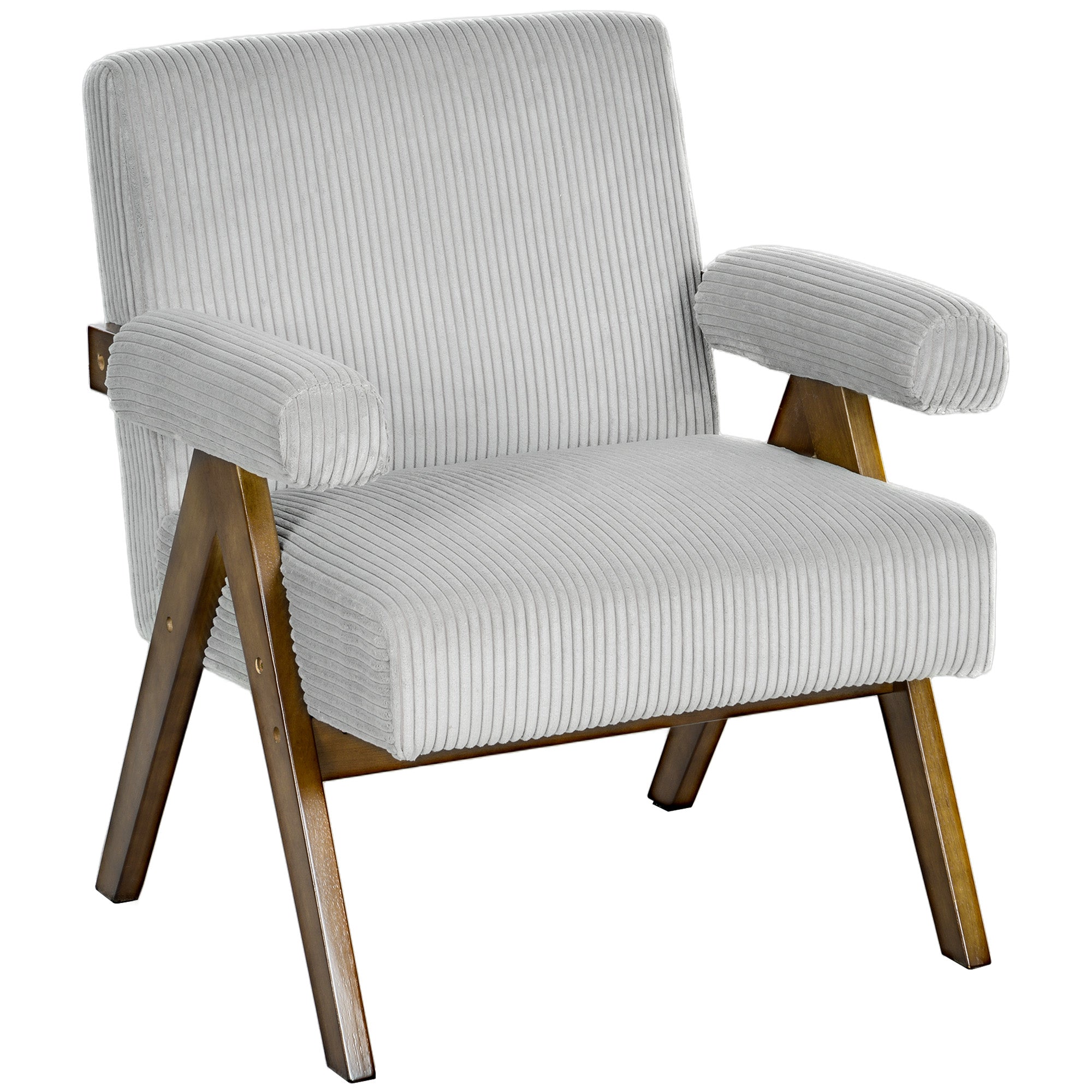Wide Seat Corduroy Accent Chair with Padded Armrests & Solid Wood Legs Light Grey