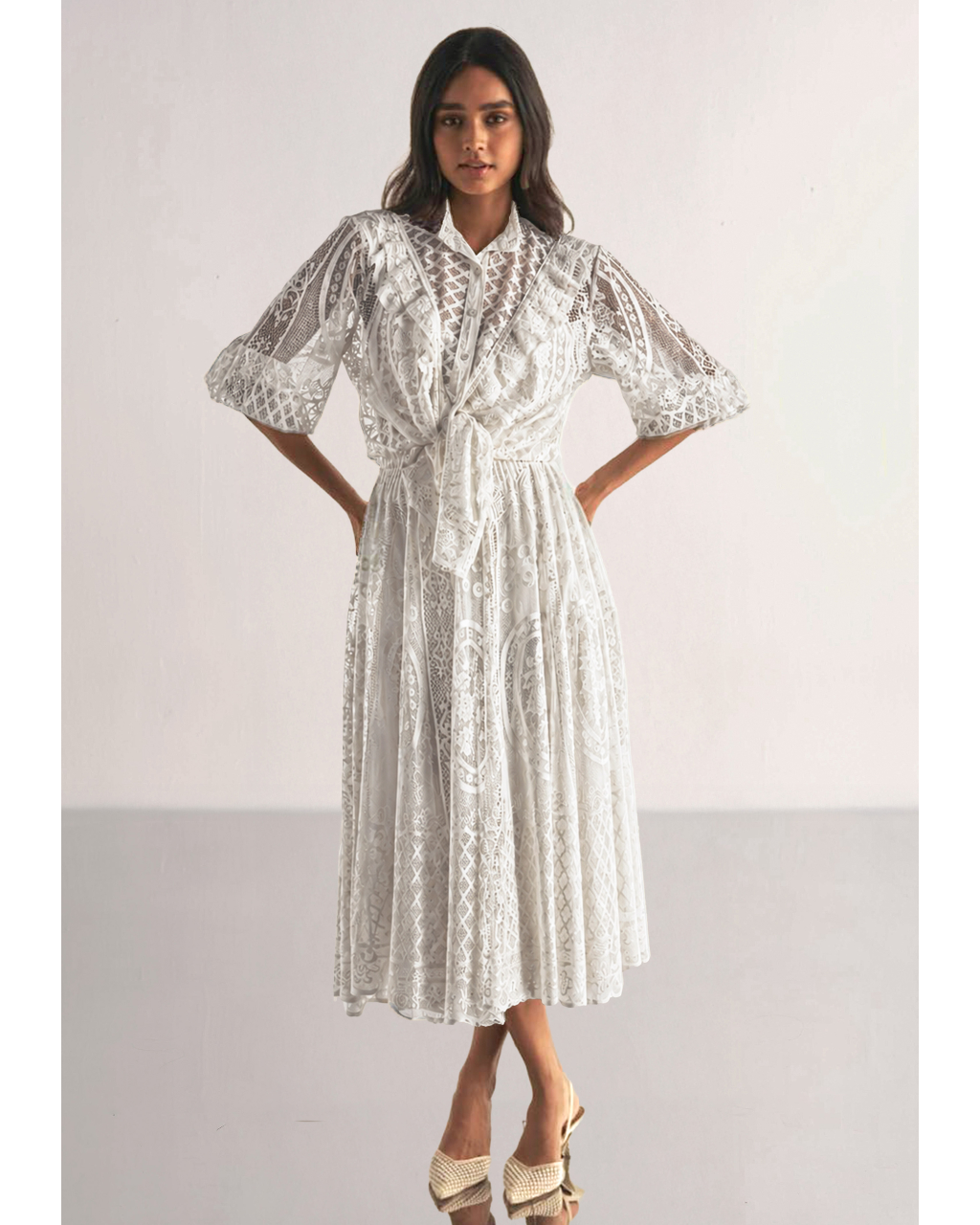 Lace & Ruffle Shirt & A-Line Lace Skirt By KYNAH, Luxury Indian Fashion & Bridal Wear