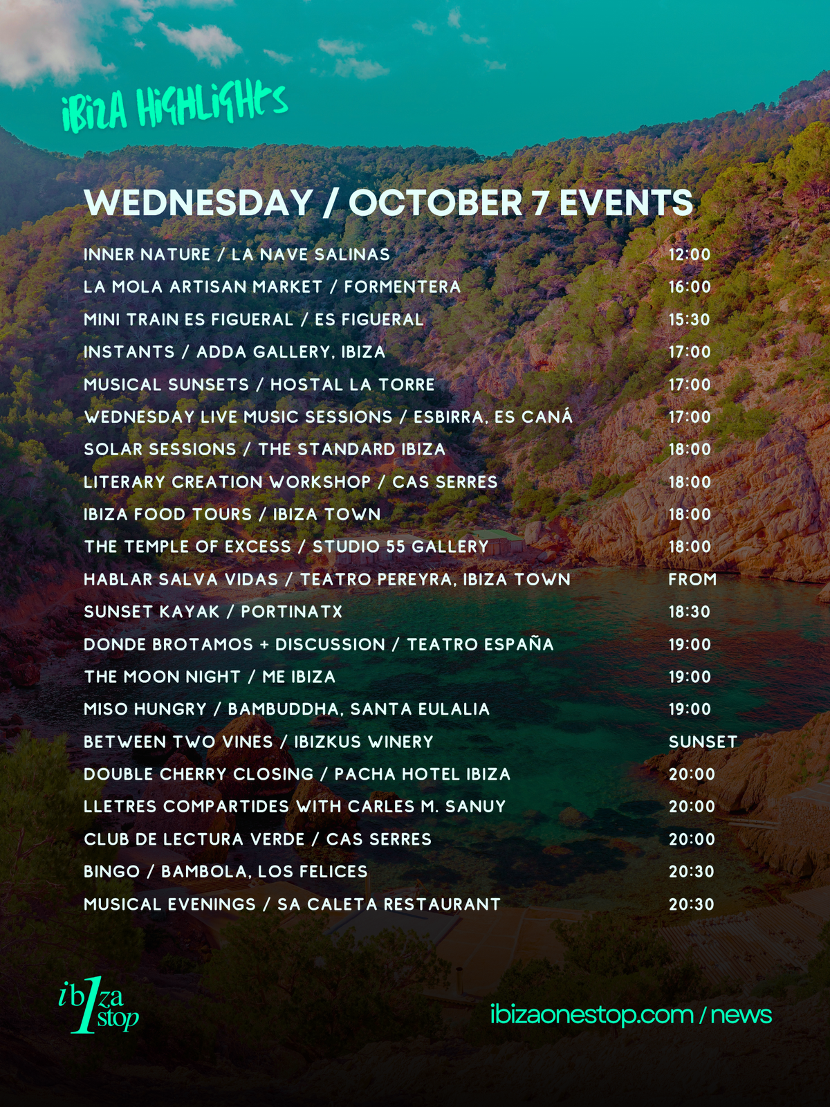 Wednesday, October 7, 2026 Ibiza & Formentera Events: Markets, Art, Boat Trips, Live Music, Culture & More