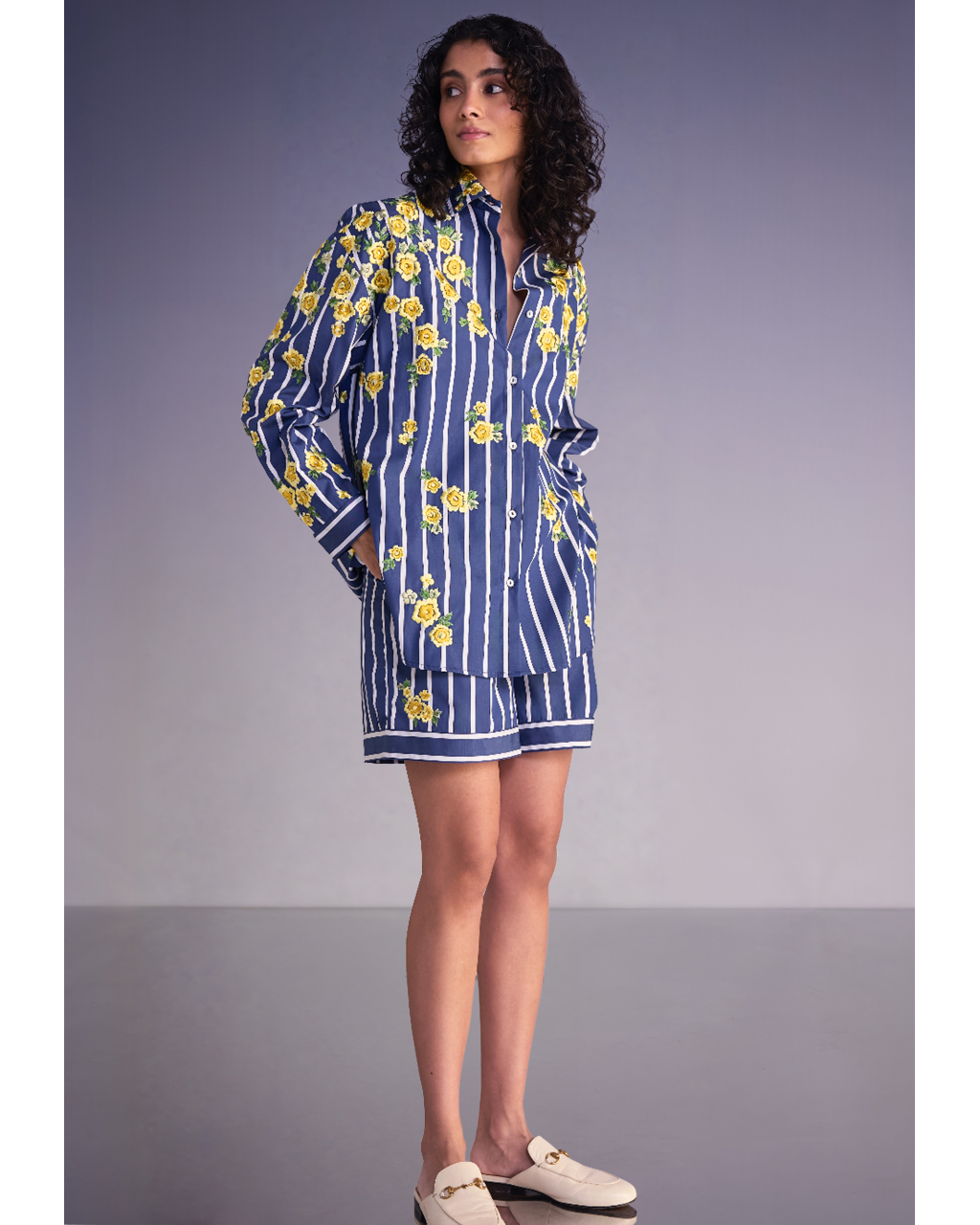 Floral Embroidered Stripe Shirt & Shorts Set By KYNAH, Luxury Indian Fashion & Bridal Wear