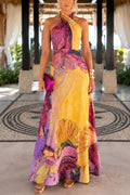 Halter Neck Floral Print Swing Maxi Dress