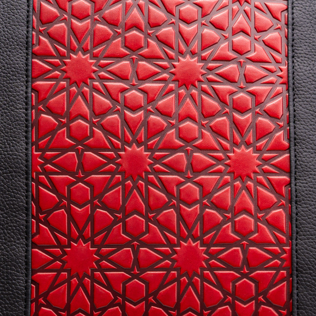 Leather Tote Bag Red and Black with Islamic Art Embossed Pattern