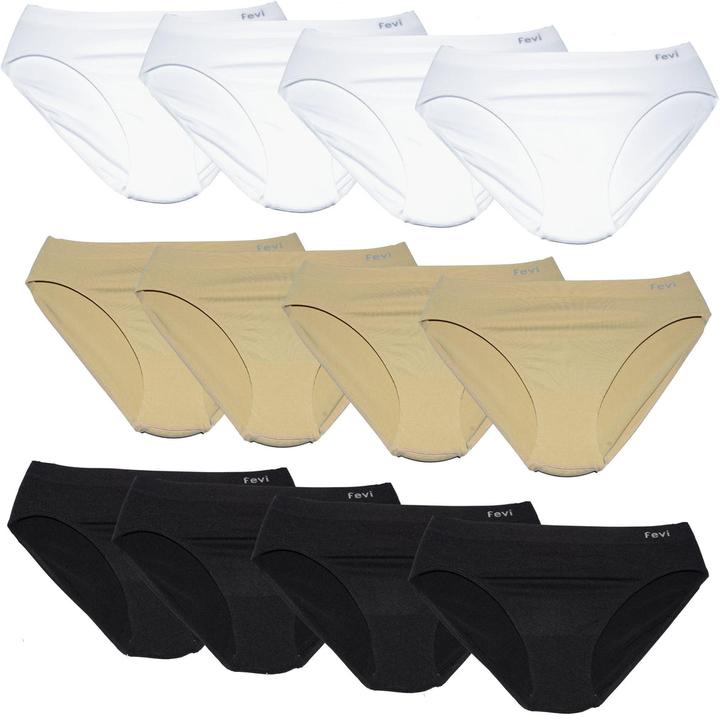 FEVI | Pack de 12 Braguitas Tiro Medio en 1 o 3 Colores Diferentes: Blanco, Negro y Beige | Talla única M-L