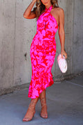 Cross Halter Backless Printed Irregular Ruffle Dress
