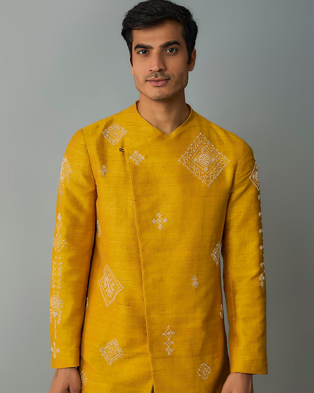 Yellow Rawsilk Overlap Kurta By KYNAH, Luxury Indian Fashion & Bridal Wear