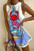 Crewneck Sleeveless Crab Shrimp Print Mini Dress