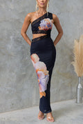 One Shoulder Cut Out Lace Splice Floral Maxi Bodycon Dress