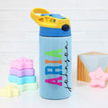 Nombre de neón multicolor personalizado Botella de agua isotérmica para niños de 12 oz con asa y pajita de silicona Regalo de cumpleaños de vuelta al cole para niños Niñas