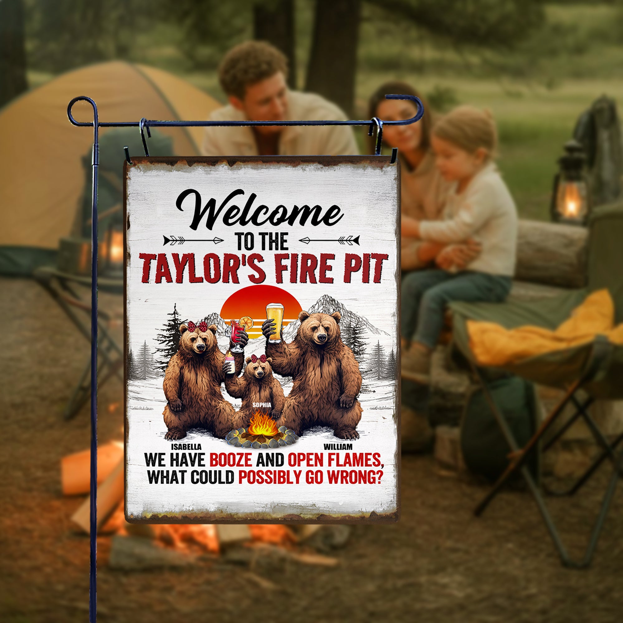 Personalizado Bienvenido a la familia de camping Oso Pintura de hojalata con nombres de uso diario al aire libre Reunión familiar Regalo para los amantes de la familia de camping