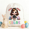 Personalizado lindo conejito de dibujos animados niña lienzo bolsa de cordón con el nombre de uso diario feliz Pascua regalo para las niñas