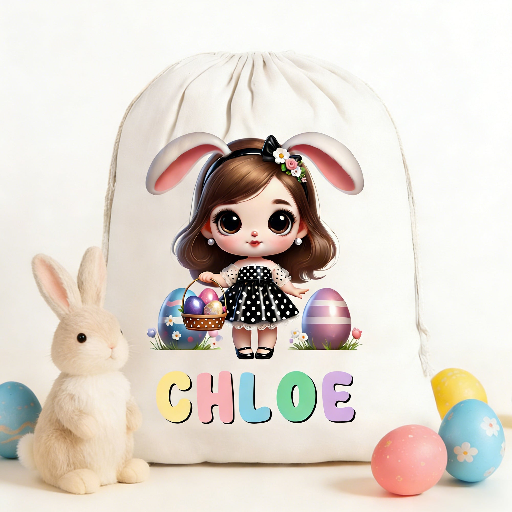 Personalizado lindo conejito de dibujos animados niña lienzo bolsa de cordón con el nombre de uso diario feliz Pascua regalo para las niñas