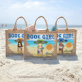Bolsa de yute personalizada con nombre para chica de libros de dibujos animados Accesorios de viaje Cumpleaños Fiesta en la playa Regalo para mujeres aficionadas a la lectura