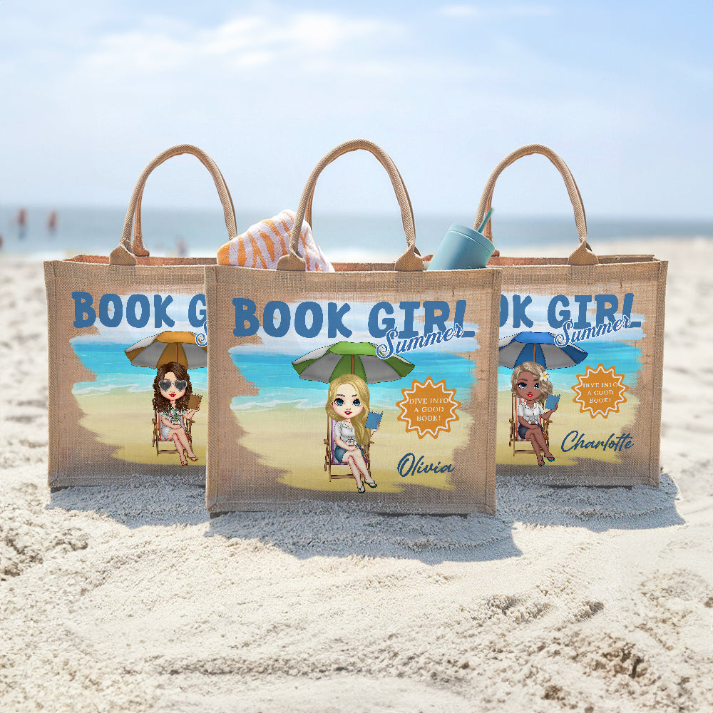 Bolsa de yute personalizada con nombre para chica de libros de dibujos animados Accesorios de viaje Cumpleaños Fiesta en la playa Regalo para mujeres aficionadas a la lectura