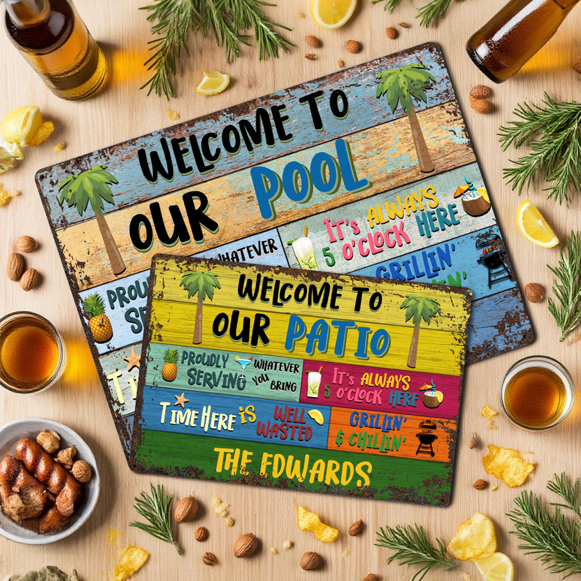 Letrero metálico personalizado de bienvenida a nuestra fiesta con nombre y lugar Decoración para el hogar Fiesta de verano Regalo de inauguración para la familia