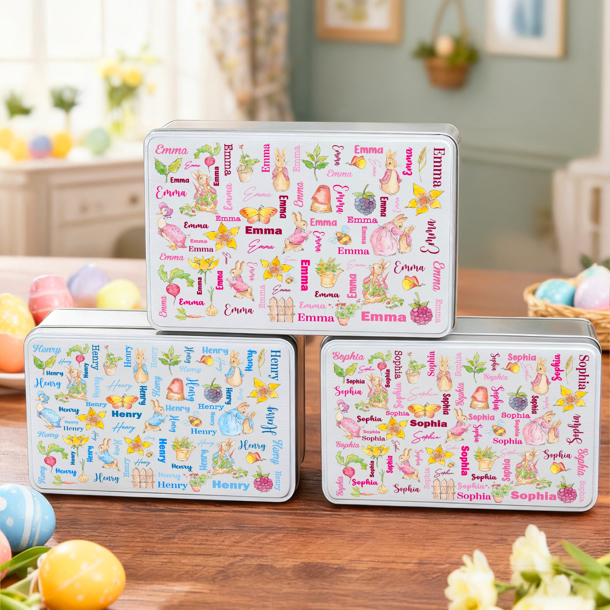 Personalizado lindo Peter Rabbit rábano Word Cloud galleta caja de almacenamiento de estaño con el nombre de uso diario de Pascua de regalo para los niños niñas