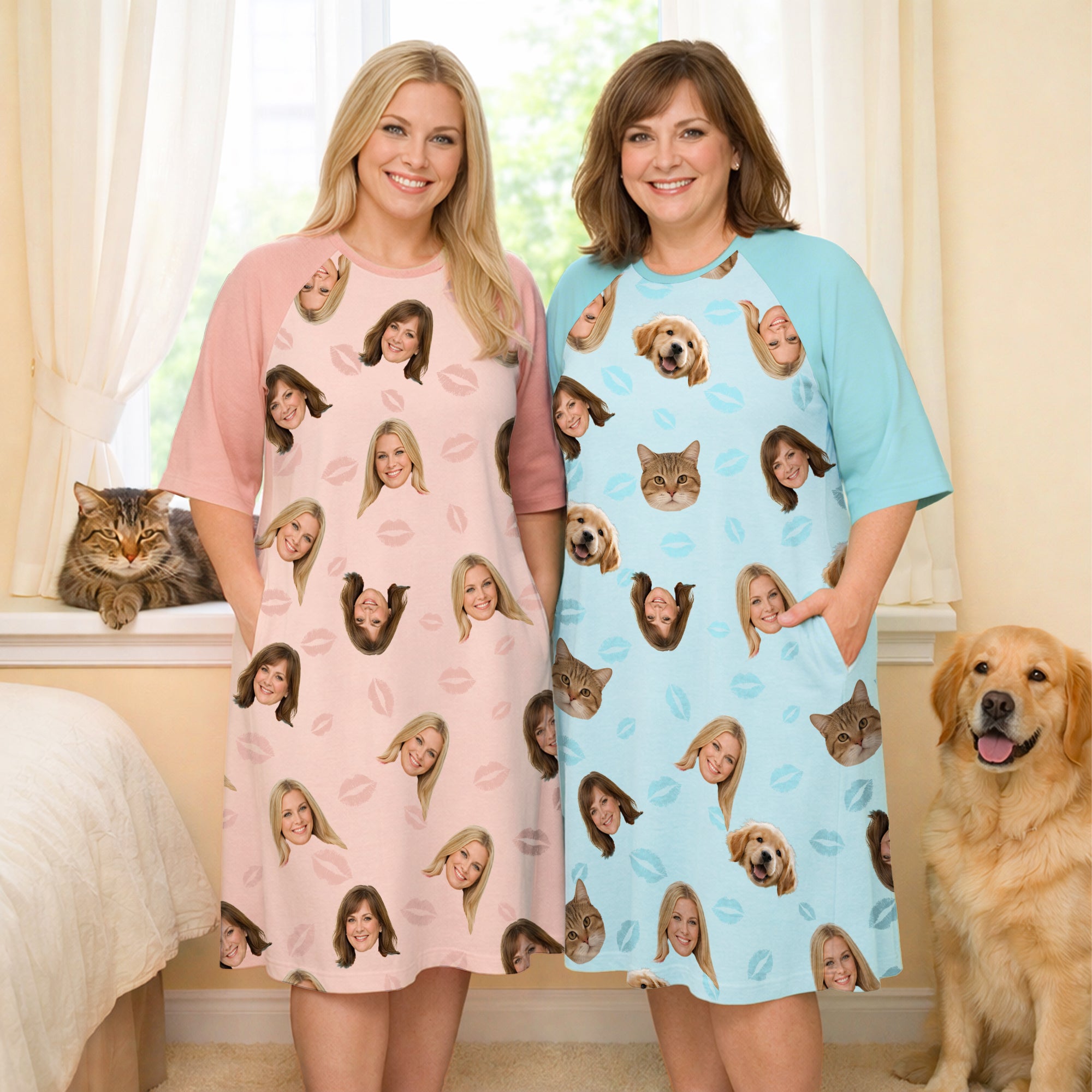 Personalizado Multicolor Labio de la Pata Amor 1-4 Fotos de la Cara Camisón con Bolsillo Uso Diario Regalo de Cumpleaños para la Abuela Mamá Mujer Amante de las Mascotas